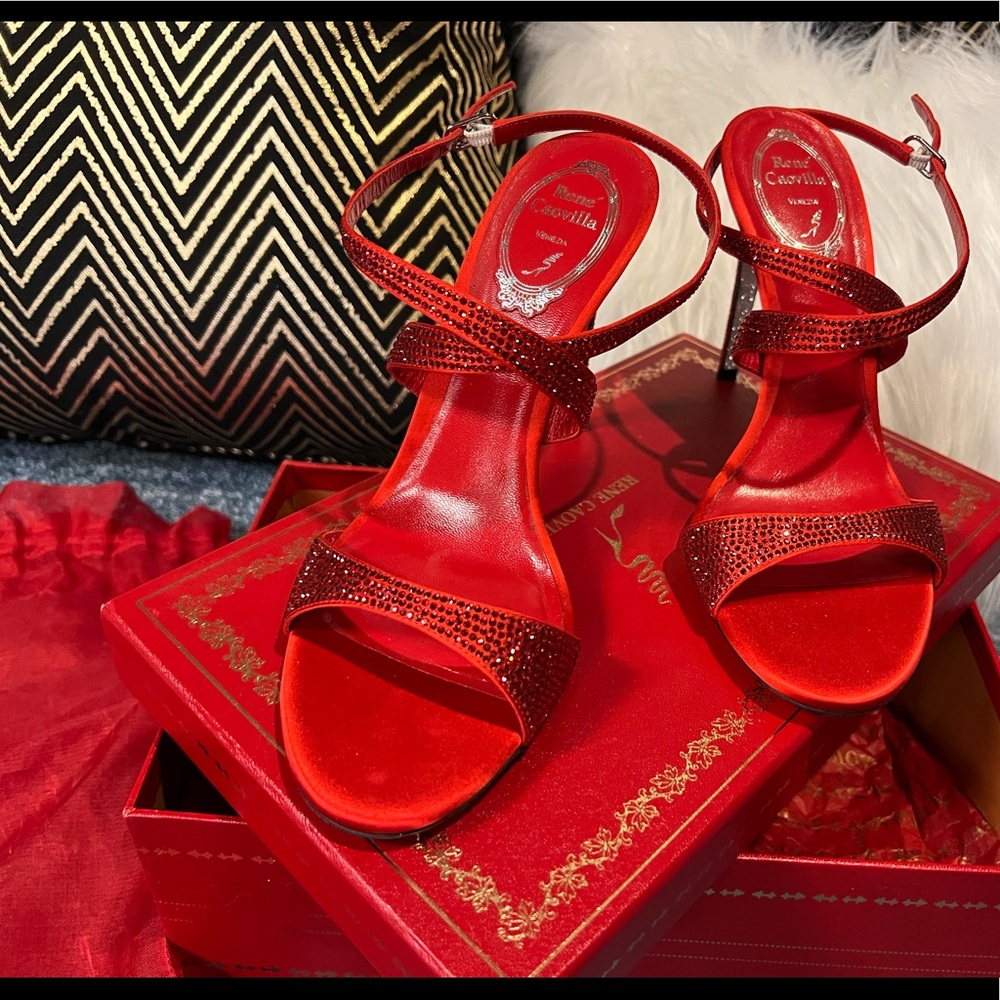 Rene Caovilla pumps, red lace/metallic.  Schwarzkopf crystal under.